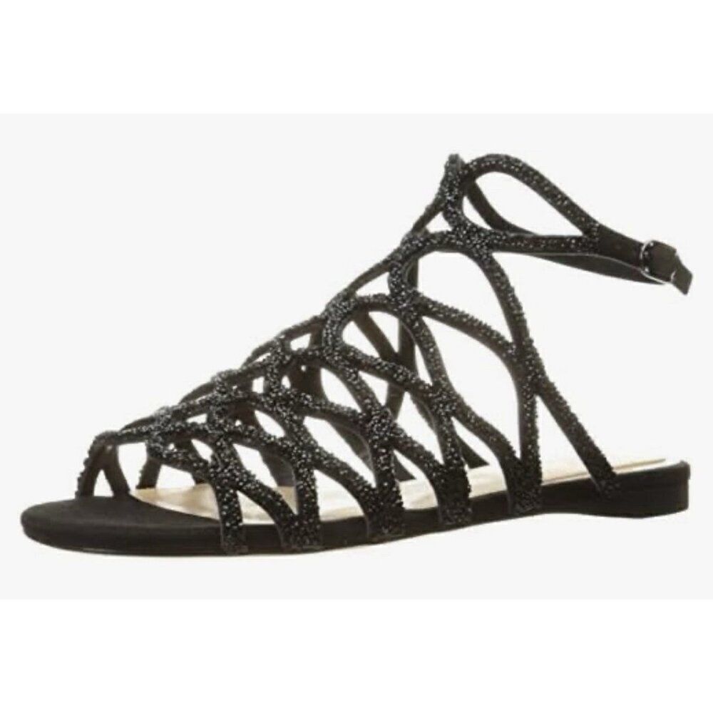 Imagine Vince Camuto Women's Ralee Solid Black Embellished Flat Sandals 7